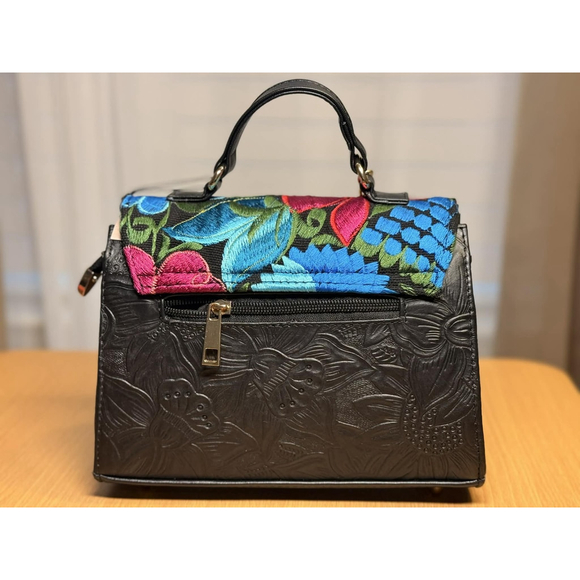 Floral Embroided Embossed Tooled Artisan LEATHER Crossbody Bag Purse - Black - Picture 7 of 16